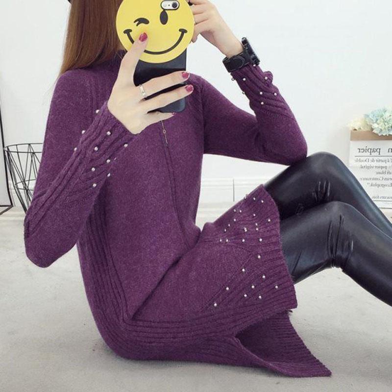 Autumn and Winter Half Turtleneck Sweater Loose Beaded Accessories All-match Bottoming Shirt Plus Size Knitted Female Dress