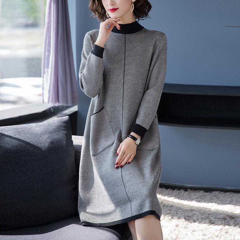 High-quality Women's Houndstooth Sweater Dress Loose Large Size Knitted Dress Long Pullover Sweater with Pockets