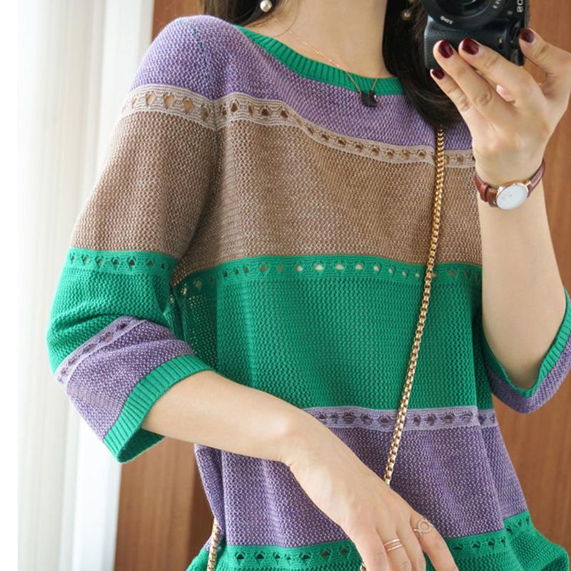 Spring Striped Hollow Ladies Knitwear Thin Knit Mid Sleeves Round Neck Loose