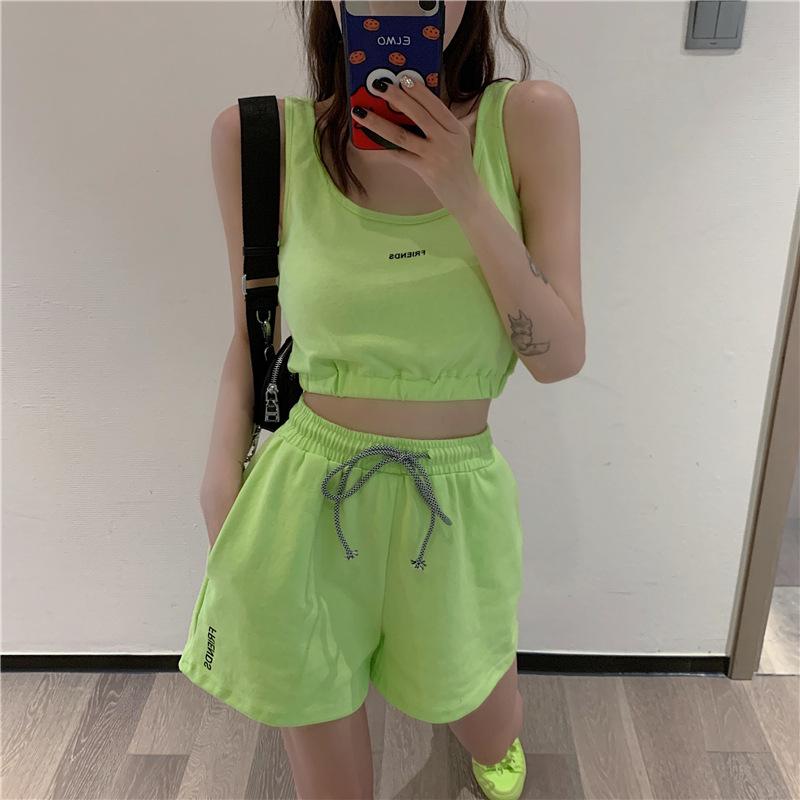 2PCS Summer Women's Sports Suit Vest T-shirt + Loose Drawstring Shorts Two-piece Set Fitness Running Jogging Suit Casual Workout Clothes Set