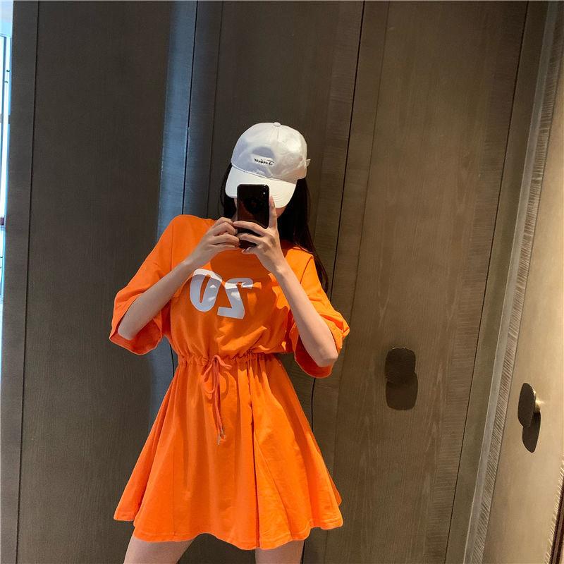 T-shirt Dress Mid-length Women's Summer Waist Waist Was Thinner Drawstring Loose Leisure Sports Style Short Dress