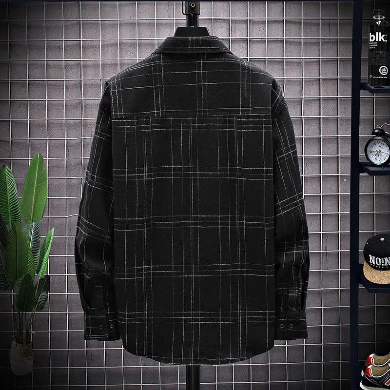 Spring and Autumn New Men's Shirts Loose Large Size Retro Plaid Long-sleeved Shirts Brushed Jackets Hong Kong Style Tops