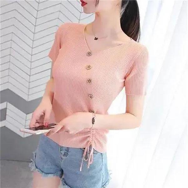 Women Slim Knit Sweater V-neck Pullover Temper Elegant T-shirt Casual Comfortable Shirt Summer