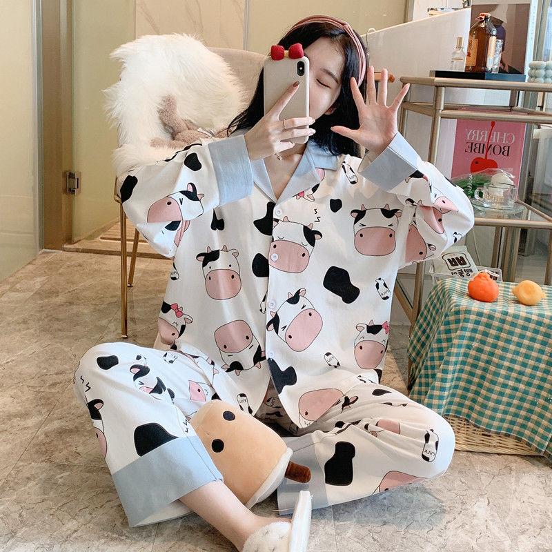 Set Pajamas Ladies Sleeve Trousers Cute Cartoon Cardigan Girl Princess Style Home Service Suit Fabric Skin-friendly and Soft