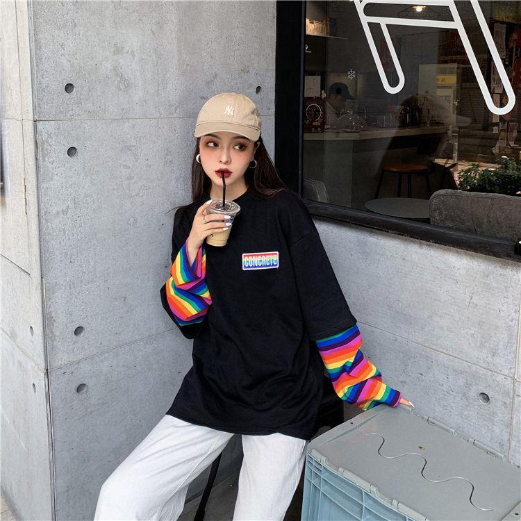 Spring Autumn Women Harajuku Long Sleeve Rainbow O-Neck T-Shirts  Casual Striped Femme Black Tops Pullover