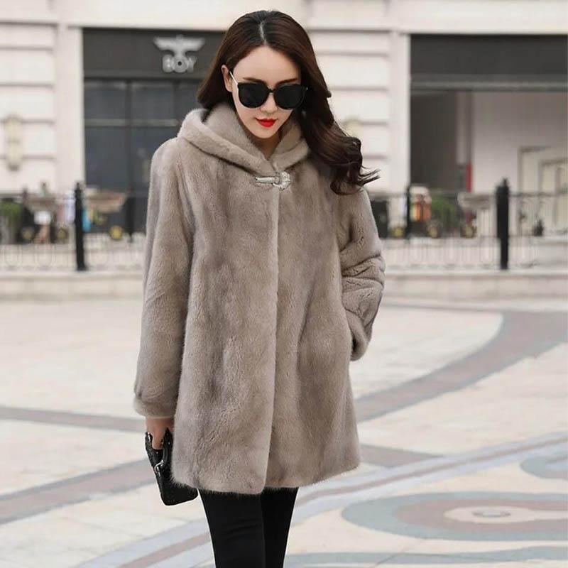 WTEMPO Winter Mink Fur Coat Female Imitation Mink Fur Coat Whole Mink Mid-length with Hood