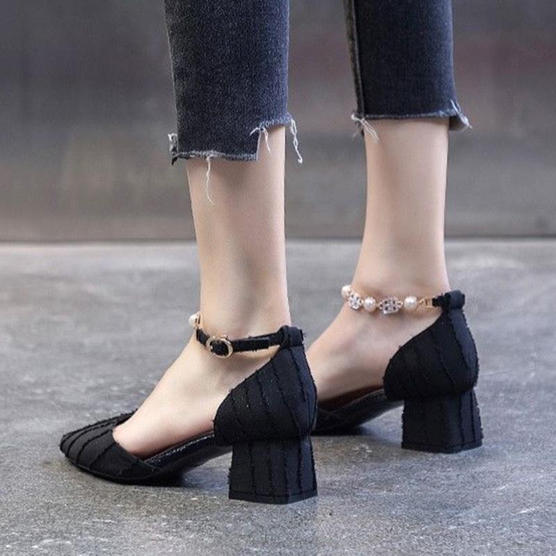 Thick Heel Pointed Toe with Single Shoes Women French High Heels Fairy Baotou Sandals Women's Mid-heel