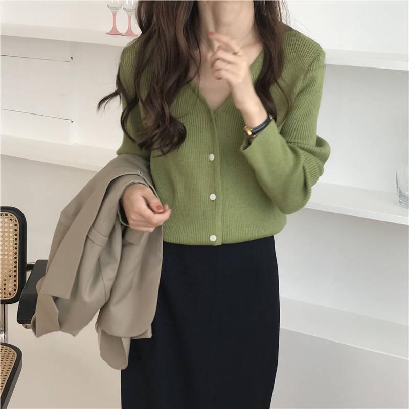 Autumn New Solid Color Inside Knit Cardigan Jacket Women's Loose Wild Long Sleeve V-neck Shirt