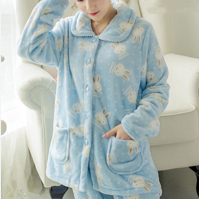 Winter Coral Fleece Thickened Warm Women's Pajamas Spring and Autumn Cute Student Long-sleeved Flannel Home Service Suit