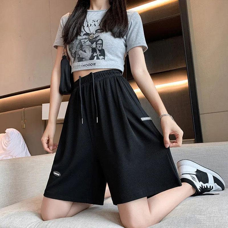 Women's Ice Silk Sports Shorts Summer Thin Section Plus Size High Waist Wide Legs Loose and Thin Girl Five Points Casual Pants Fitness Short