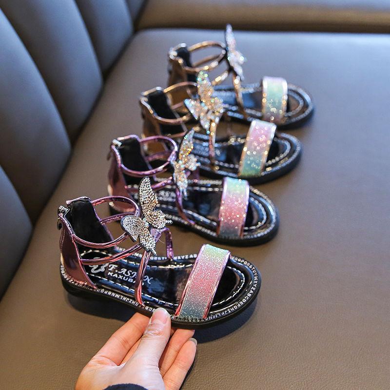 Girls Sandals Summer Korean Princess Sandals Rhinestone Roman Sandals Non-slip Soft Bottom Big Kids