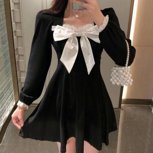 Women's Spring and Summer French Elegant Square Neck Waist Slim Temperament Stitching Bow A-line Dress