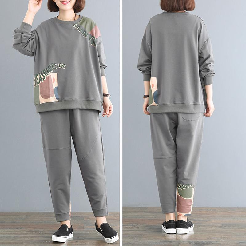 Loose Plus Size Sweater Two-piece Long-sleeved Pullover Shirt + Casual Pants Spring and Autumn Women's Casual Sports Suit Warm and Comfortable