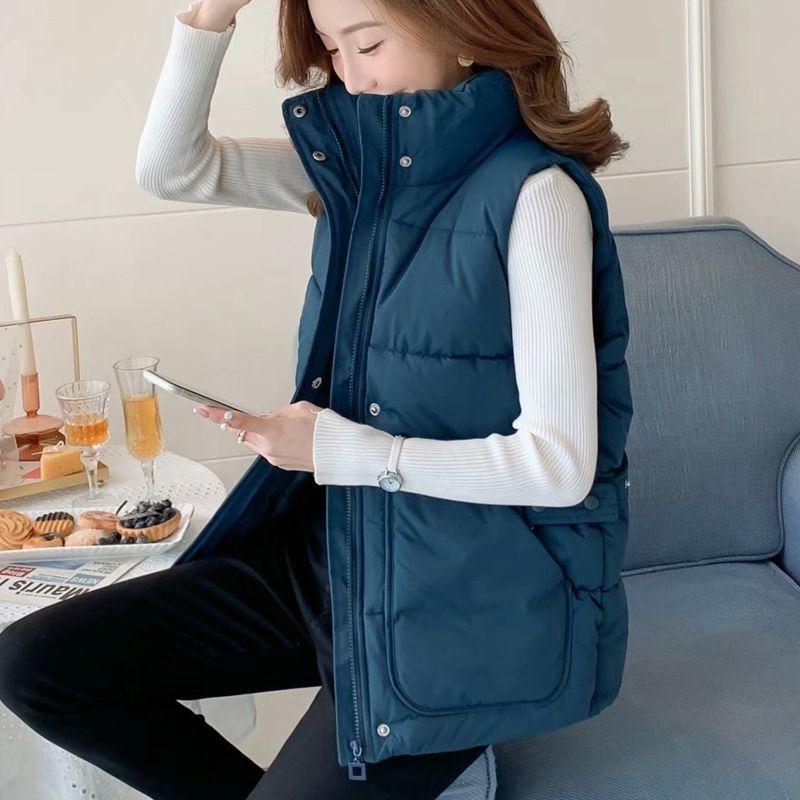 Autumn and Winter Solid Color Casual Down Cotton Vest Korean Version Loose Large Size Stand Collar Thickened Female Jacket