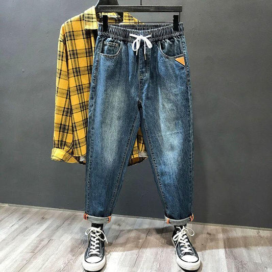 Elastic Waist Jeans Men's Summer Straight Loose Pants Trendy Belted Men's Cropped Trousers