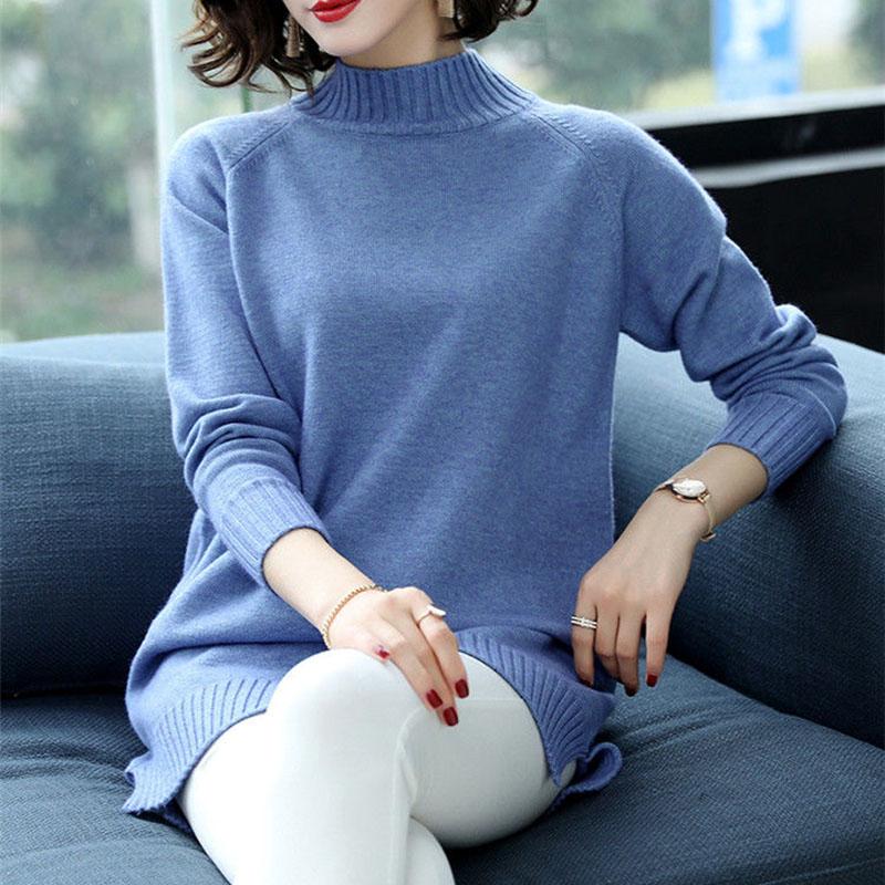 Autumn and Winter Half High Neck Loose Sweater Mid-length Pullover Knit Bottoming Shirt Plus Size Casual Women's Top