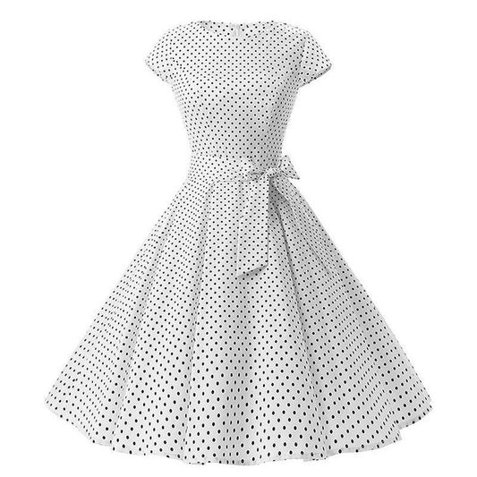 Women Vintage Retro Dot Printed Rockabilly Prom Dresses Cap-Sleeve With Belt