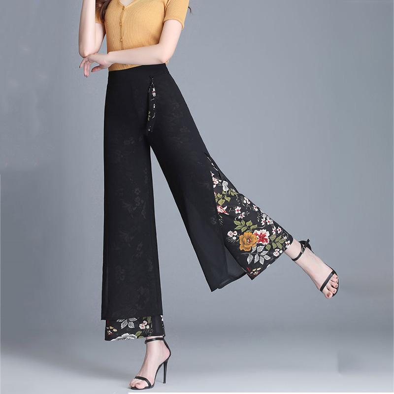 WTEMPO Floral Double Chiffon Women Ankle-Length Pants Skirt-like Wide-leg Pants Loose High Waist Trousers Cool and Breathable