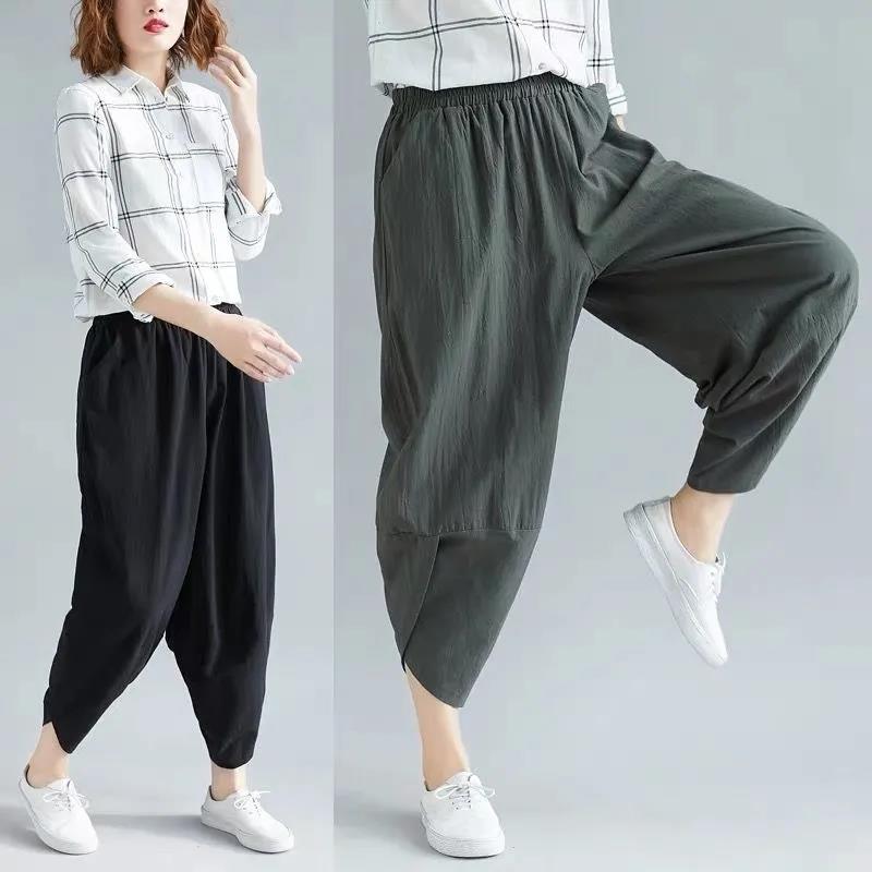 WTEMPO Large Women's Pants Linen Solid Color Cotton Linen Pants Eight Point Loose Casual Harem Pants Summer Thin