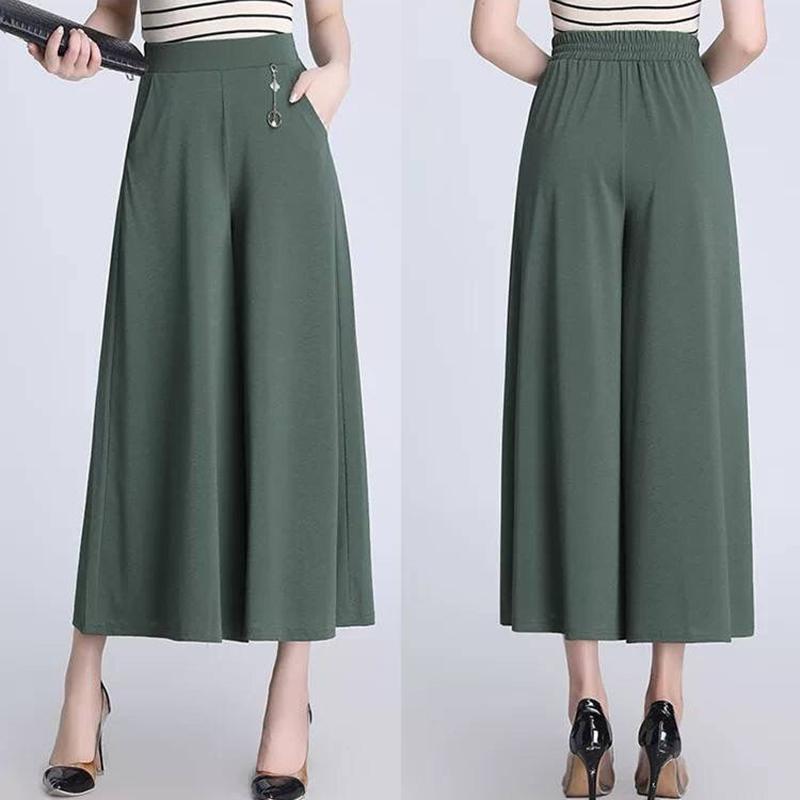 Summer Mother Loose Large Size Wide-leg Pants Cool and Thin Middle-aged and Elderly Culottes Elastic High-waist Wide-leg Women's Pants