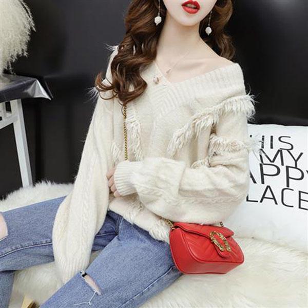 Sweater Women Red Loose Lazy Style V-neck Sweater Young Women Solid Color Fashion Top