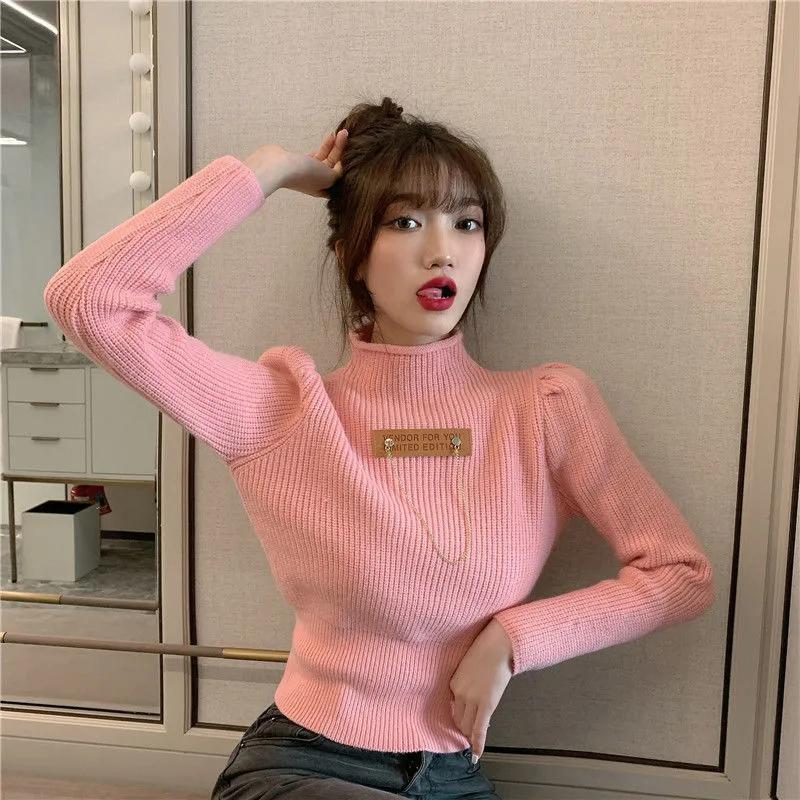 Turtleneck Sweater Women White Long Sleeve Slim Cropped Tops Autumn Winter Fashion Casual High Neck Knitted Jumper Pink Knitwear Basic Top Clothes