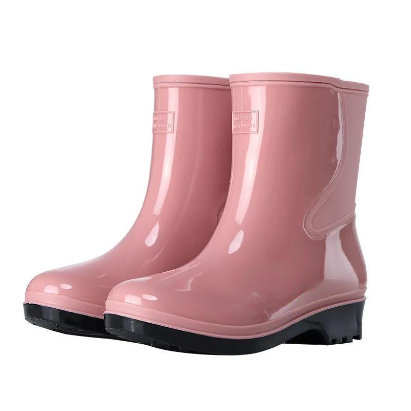 Waterproof Non-slip Women's Rain Boots Ladies Four Seasons Water Shoes Solid Color Middle-tube Rubber Shoes