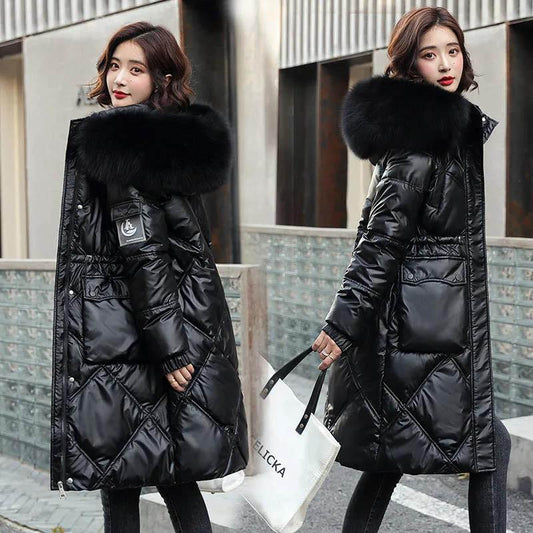 Glossy Disposable Down Padded Jacket Women's Mid-length Loose Large Fur Collar