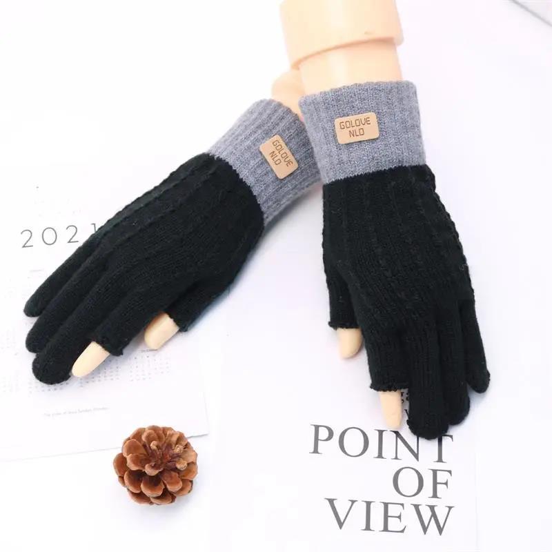 Women's Winter Gloves Warm Thick Touch Screen Half-finger Knitted Woolen Show Two Fingers Working Driving Office Gloves Fingerless Mittens