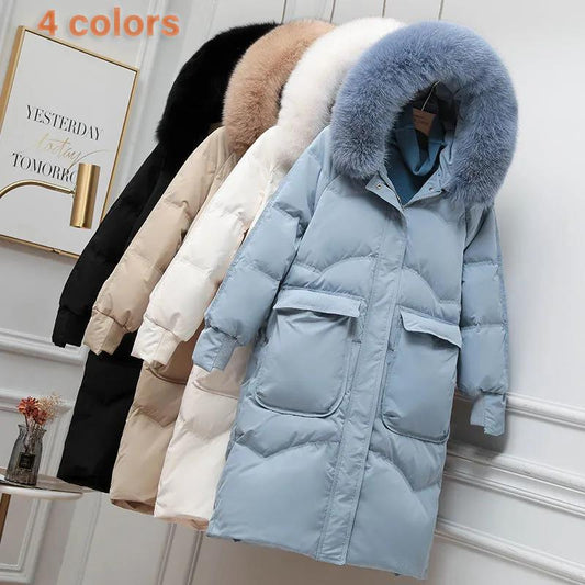 Down Jacket Winter Korean Fashion Big Fur Collar Mid-length Hooded Thick Warm Large Size Jacket Suitable for Women