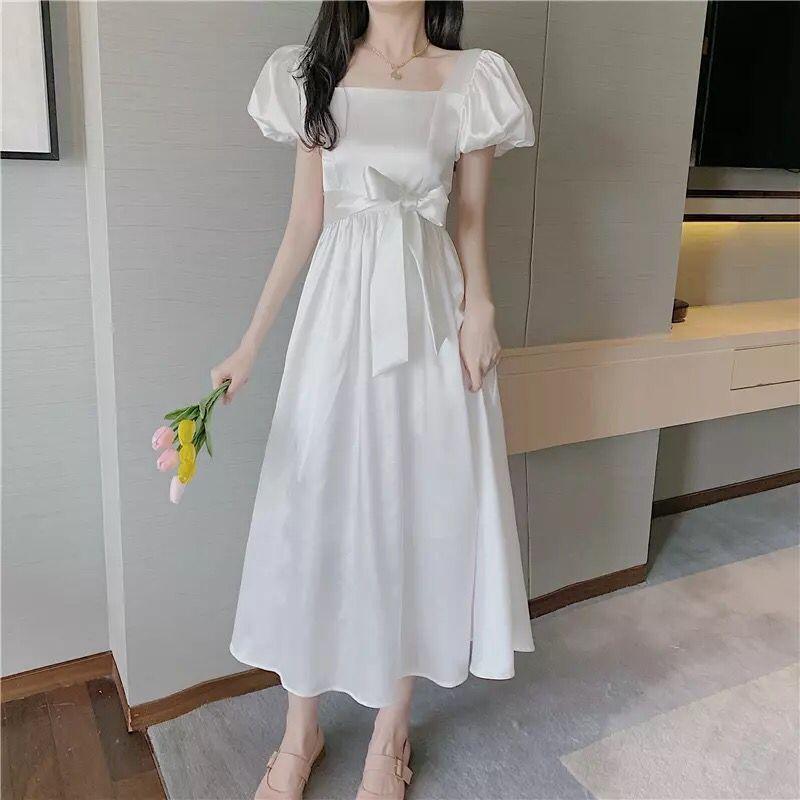 Female Vintage High Waist Super Fairy Holiday Dress Elegant Slim White Pleated Party Dress