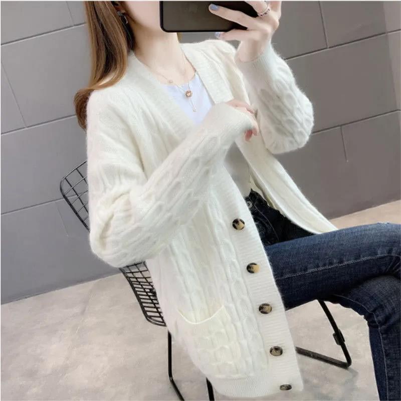 Knitted Cardigan Mid-length Loose Sweater Coat Women's Spring and Autumn Thickened Coat