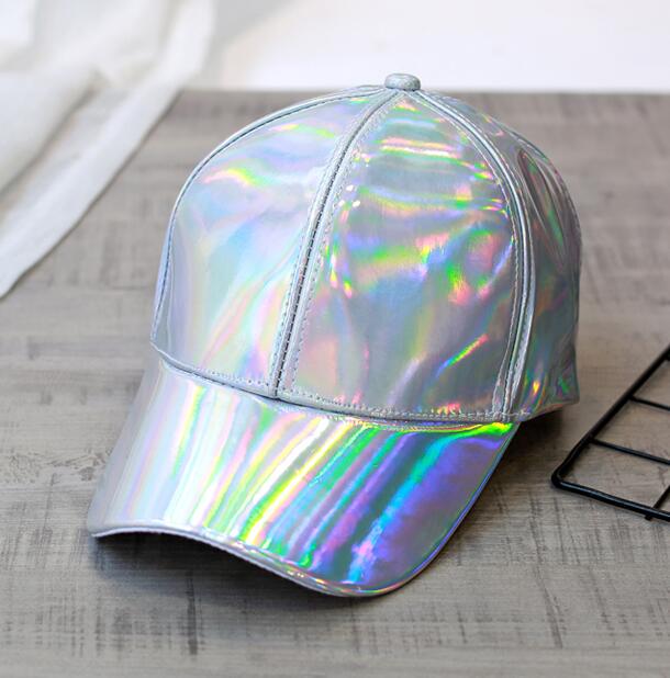 Women Men Color Gradient Shiny Metallic Laser Leather Snapback Baseball Caps