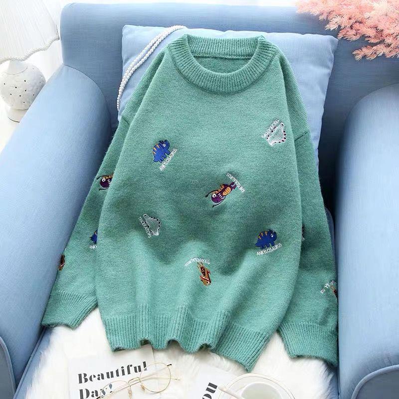 Casual Embroidery Sweater Women Loose Round Neck Pullover Sweater Thickened Warm Knitwear Jumper Outwear