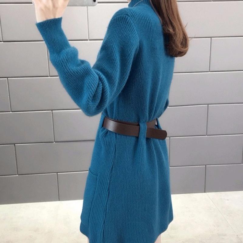 Korean Style Loose Outer Wear Mid-length Sweater Women Waist Slim Half Turtleneck Long Sleeve Autumn  Winter Base Sweater Dress