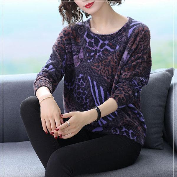 Autumn Winter Leopard Print Cashmere Sweaters Women Artificial Mink Wool Sweaters Fashionable Loose Warmth Jumper Outwear