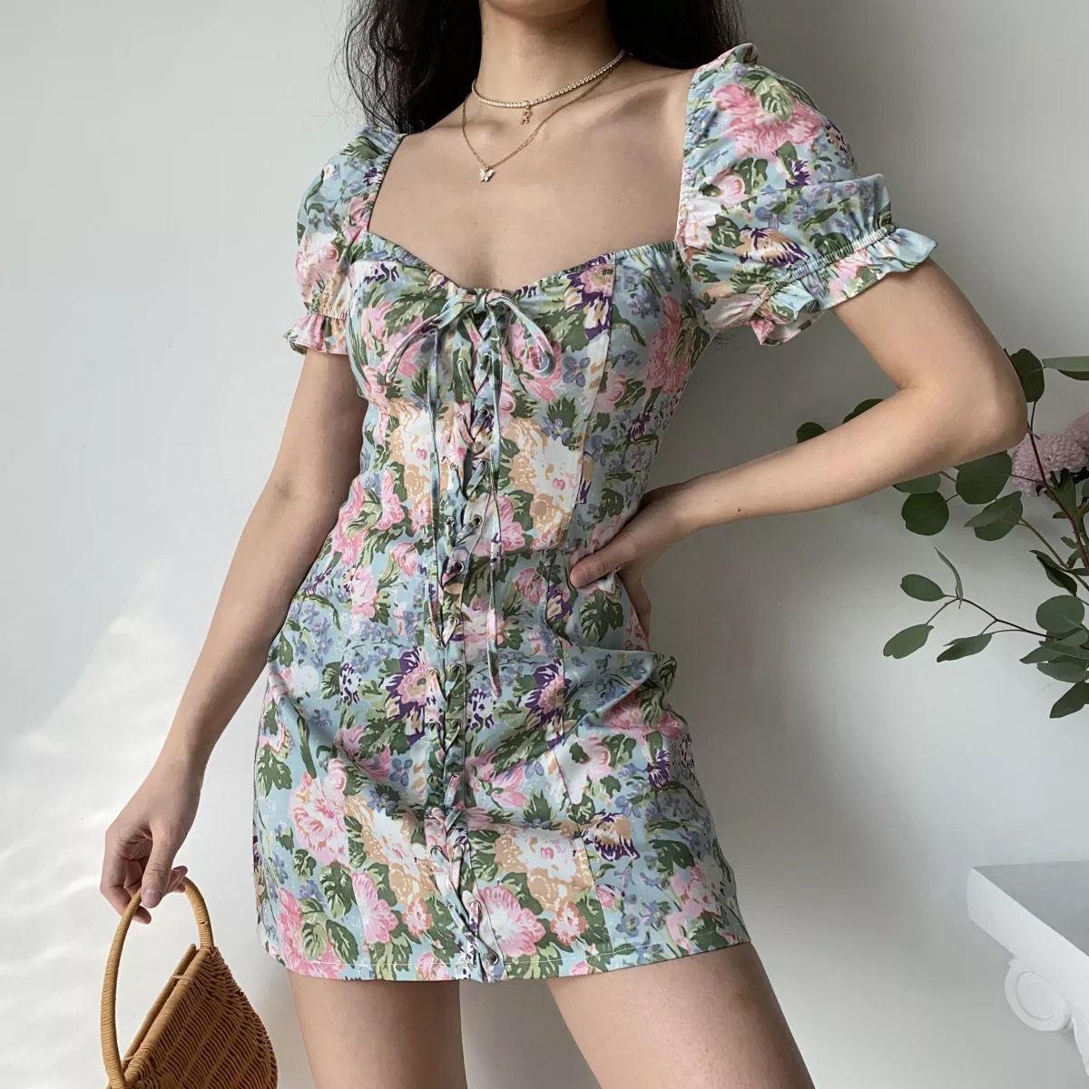 Female Summer Print Drawstring Square Neck Elegant Bubble Sleeve Short Vintage Holiday Dress