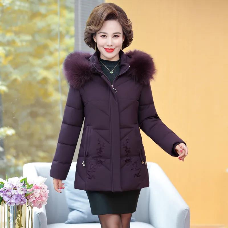 Winter Down Cotton Jacket Fashion Fur Collar Hooded Mid-length Jacket Thick Warm Cotton Jacket Suitable for Middle-aged Women