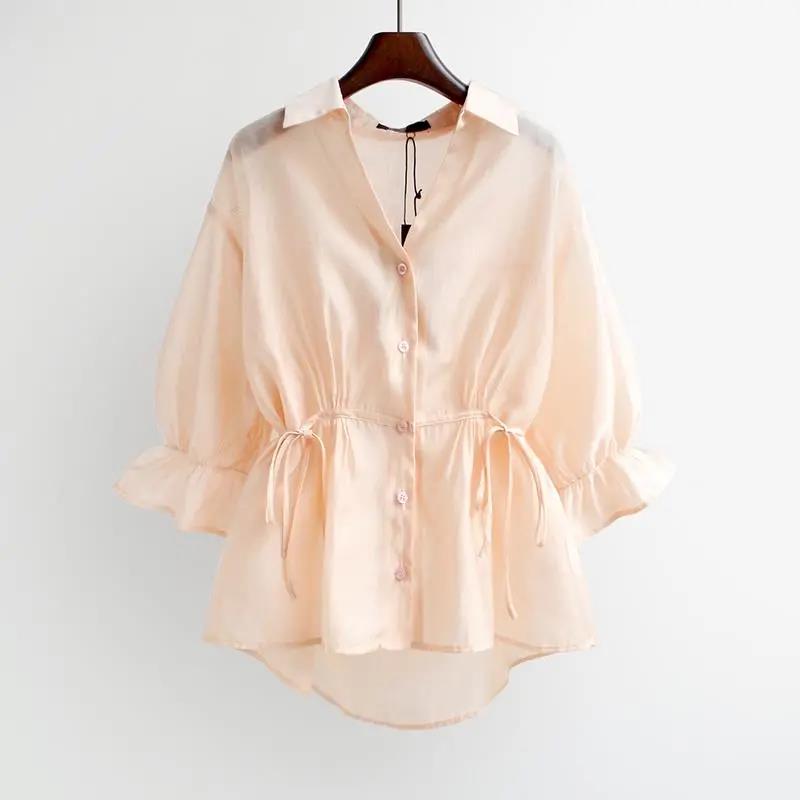 V-neck Waist Skirt Shirt Women's Summer Spring Summer Autumn Korean Chiffon Loose Ruffled Blouse Baby Shirt