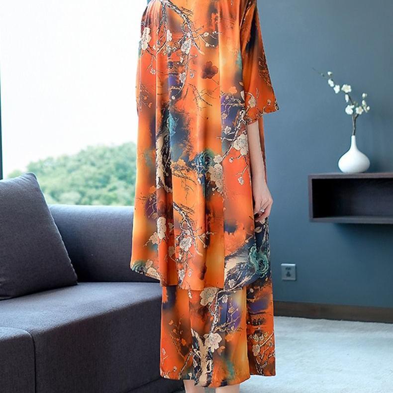 Wome's Pants Suit In Summer Loose Wide Leg Straight Long Pants & Short Sleeve Irregular Thin Tops Floral Printed Large Size Two Pieces Casual Suit