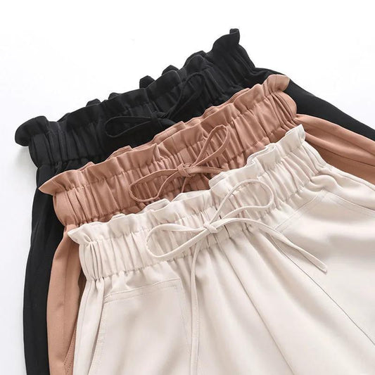 Summer High-waist Wide-leg Casual Pants Women's Loose All-match Outer Wear Shorts Adjustable Waist Women's Casual Shorts