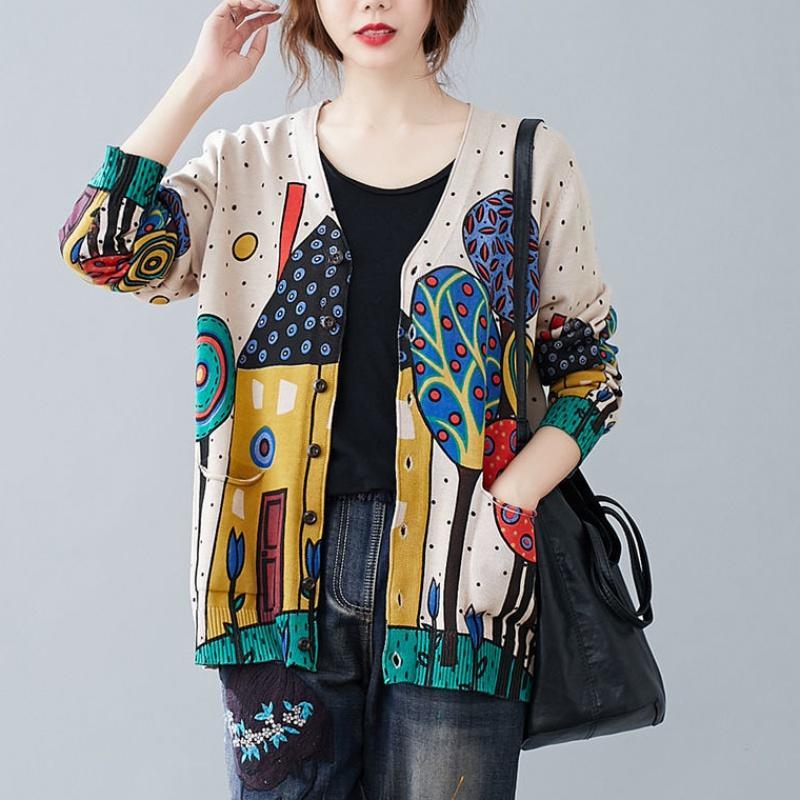 Vintage Art Plus Size V-neck Cardigan Coat Printed Long-sleeved Sweater Women Knitted Jacket with Pockets