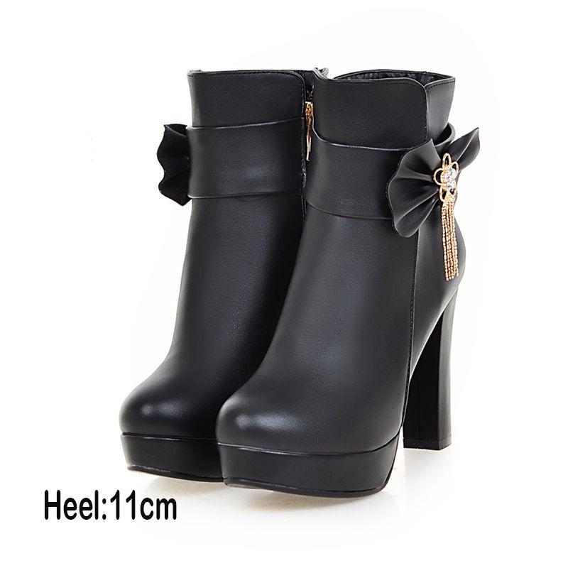 Sweet Ladies Booties Rhinestone Bow Side Zipper High Heel Ankle Boots Female Winter Plush Boots