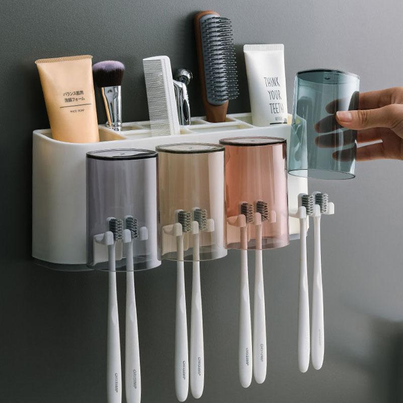 Toothpaste Dispenser Wall Mount Dust-proof Toothbrush Holder Wall Mount Storage Rack Bathroom Accessories Set Squeezer