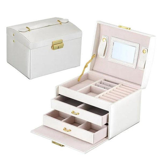 Three-Layer Leather Jewelry Box Organizer Earrings Rings Necklaces Storage Case with Lock Women Girls Gifts