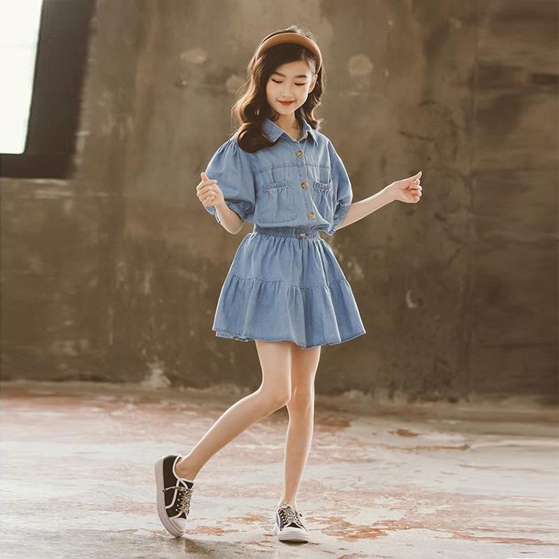 Girls' Summer Suit Korean Style Western Style Girl Denim Skirt Two-piece Suit Net Celebrity Children's Skirt Set