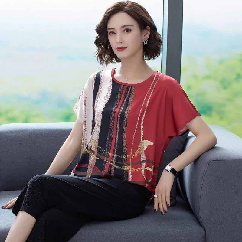 Summer Ice Silk Positioning Printing Round Neck T-shirt Women's Plus Size Women's Loose Slimming Top Bottoming Shirt