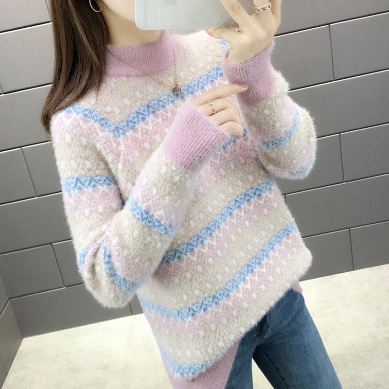 Autumn and Winter Mohair Loose Sweater Casual Jacquard Knitted Bottoming Shirt Thickened Pullover Women's Sweater