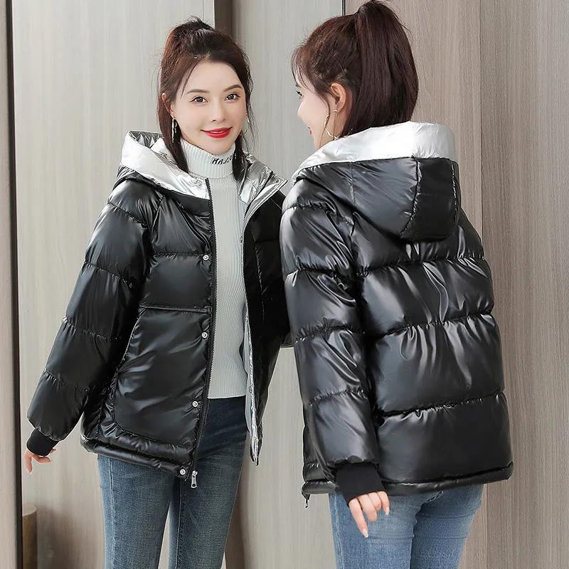 Winter Fashion Ladies Bright Leather Down Jacket Short Color Thick Loose Hooded Disposable Down Jacket