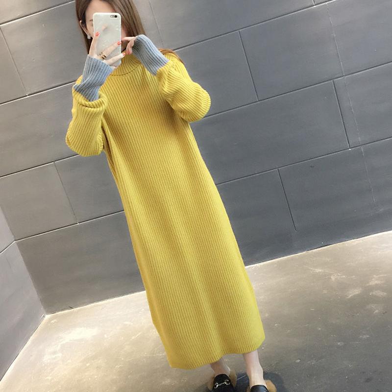 Mid-length High Neck Over-the-knee Sweater Women Autumn and Winter Korean Loose Solid Color Long-sleeved Student Knit Base